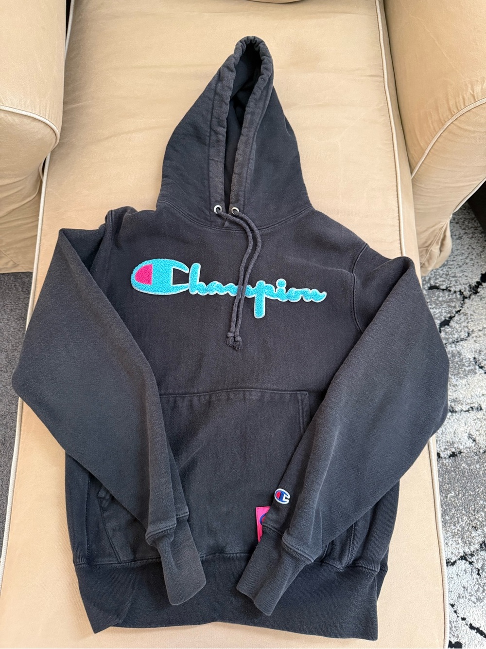 Champion Black Hoodie with Teal and Pink Script Logo